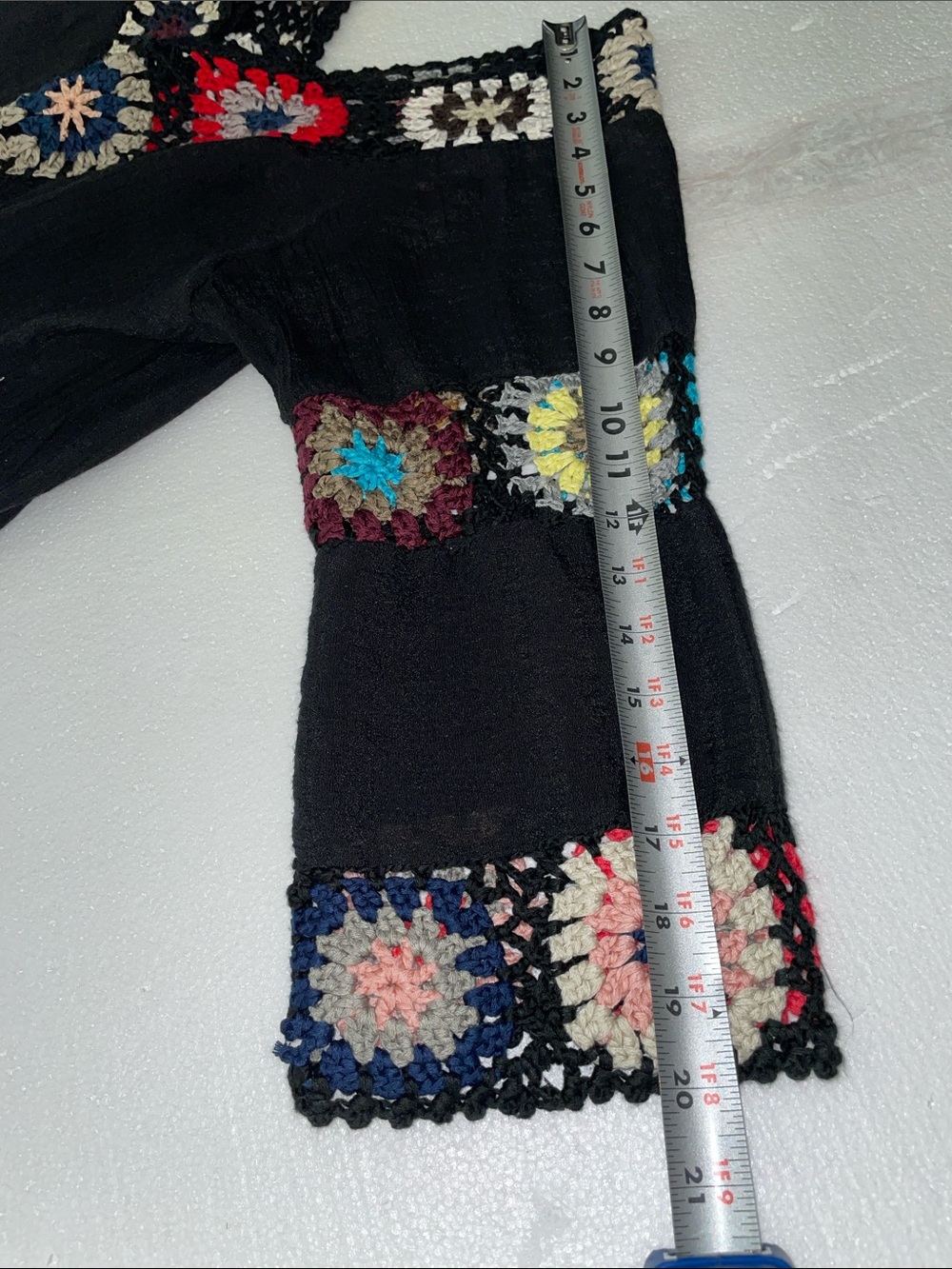Women’s EUC Black Bohemian V-neck tunic granny square crochet accents - Picture 4 of 7